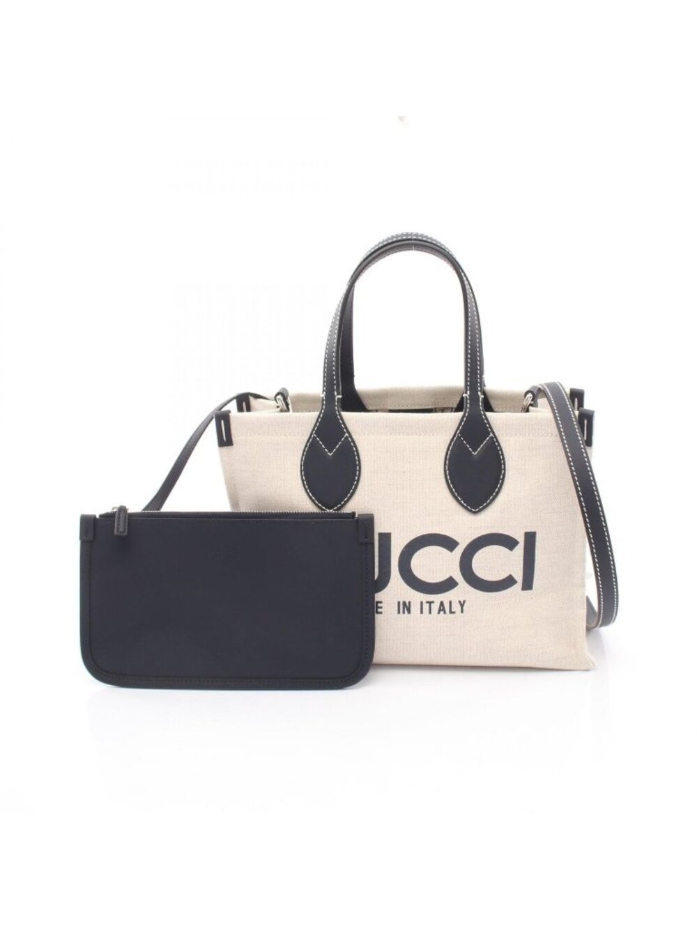 Gucci Tote Print Mini 2-Way Natural Navy Canvas Leather Logo Small